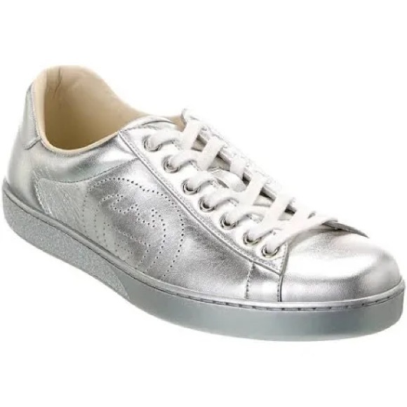 Men’s Authentic Gucci Interlocking G Leather Silver Lace Up Sneakers Size 15 - Picture 1 of 8